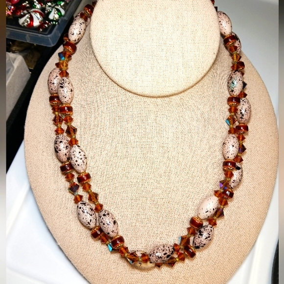 Pastel Speckled Robin's Egg Beads with Brown Crystal AB & Gold tone Necklace - Picture 1 of 8